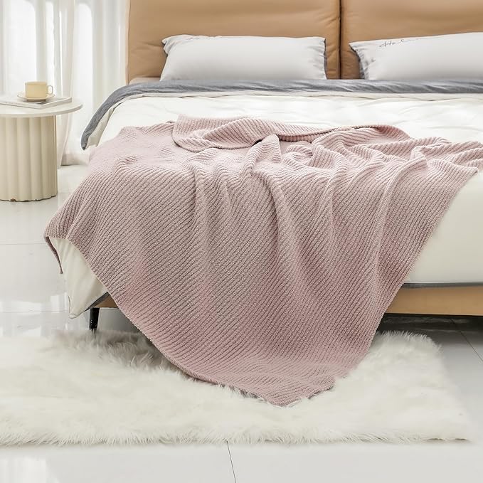 bearberry Soft Rib Knit Blanket Thin Warm & Breathable - Snuggly Minky Throw for Everyday Use, Travel, Chair | All-Season Machine Washable for Couches, Gifts, Family (Beige, 50”x60”)