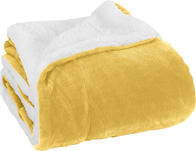 Elegant Comfort Luxury Ultra-Plush Velvet Touch Fleece Throw Soft, Warm, Cozy| Micromink Sherpa-Backing Reversible Blanket for Bed, Sofa and Couch, Solid Yellow
