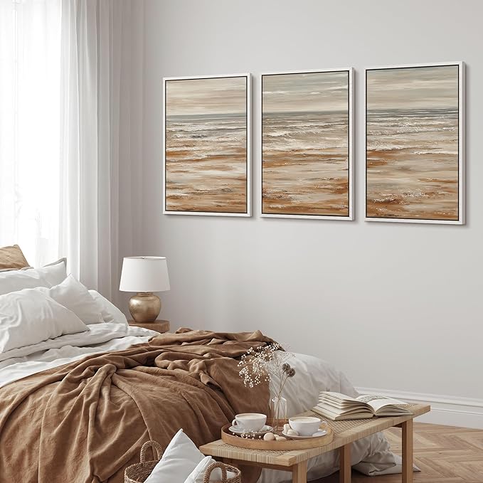 MUDECOR Framed Wall Art Print Set Neutral Coastal Seascape Minimalist Ocean Waves and Sandy Shore Illustrations Modern Art Boho Decorative for Living Room, Bedroom, Office - 24"x36"x3 WHITE