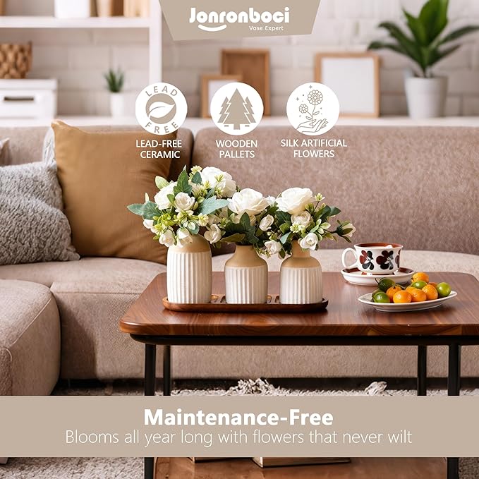 Set of 3 Artificial Flowers in Ceramic Vases with Wood Tray - Modern Minimalist Nordic Boho Farmhouse Dining Table Centerpiece Decor for Kitchen Island, Living Room Coffee Table,Tabletop(Beige White)