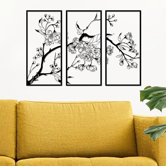 ruelen 3 Pieces Metal Flowers Wall Decor, Modern Abstract Minimalist Floral Line Sculpture Decor Hanging Wall Art for Kitchen Bedroom Living Room Above Bed Bathroom Office (Black)