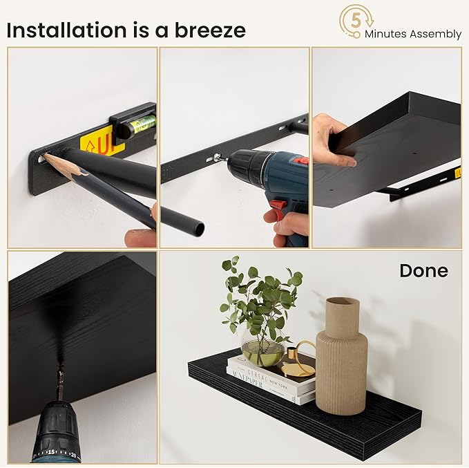 Fun Memories Floating Shelves for Wall, Rustic Wood Wall Mounted Shelves for Bathroom, Bedroom, Living Room & Kitchen, Storage Display Shelves, (Set of 3, Black, 12 in)