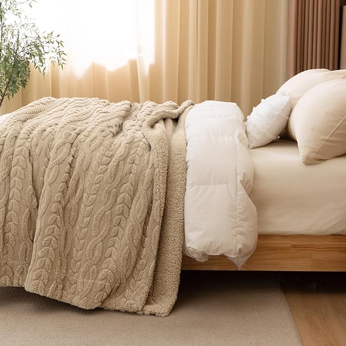 PHF Fluffy Sherpa Blanket Twin Size for Winter, Warm and Soft, 510GSM 3D Jacquard Thick Shaggy Fleece Plush Blanket for Sofa Bed, Khaki, 60"x80"