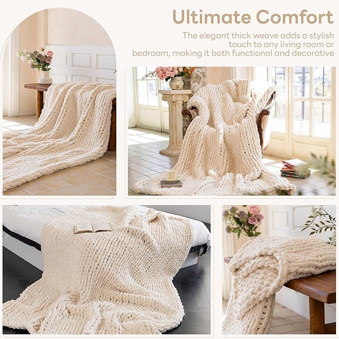 Chunky Knit Blanket - Luxury Soft Cozy 60 * 80 Throw Blanket,100% Woven Blanket Rope Knot Throw Blanket for Couch, Sofa, Home Decor, Gift - Machine Washable (Cream, 60 * 80)