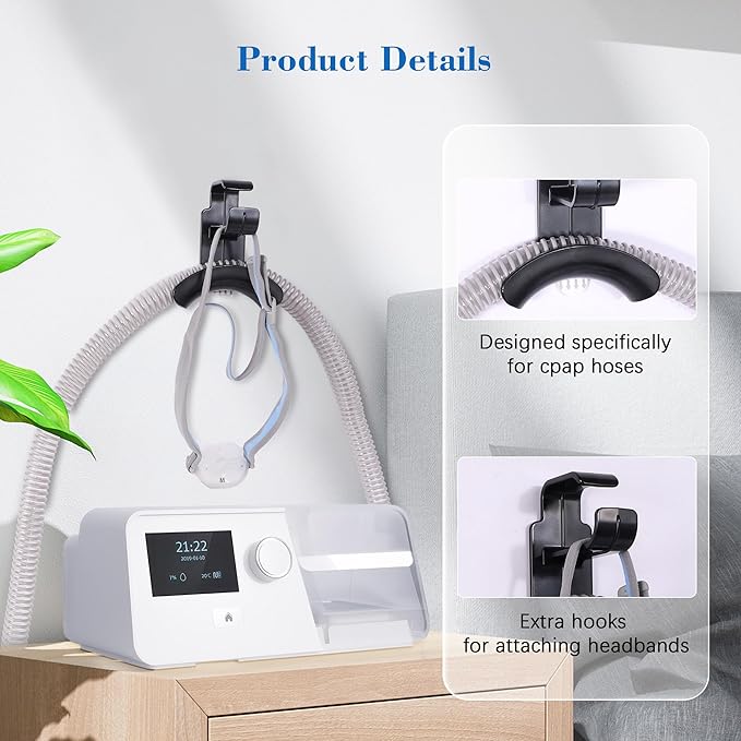 2 Pack CPAP Hose Holder for Bed, CPAP Tube Holder Compatible with CPAP Hose & Headgear Storage, Bedside CPAP Hook for CPAP Organization with 4 Removable Strips（2 Black）