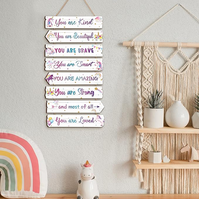 Inspirational Girl Room Decor Aesthetic Art Wall Hanging Sign Inspiring Colorful Rainbow Wooden Decoration for Kids Teens Toddler Boy Baby Bedroom Nursery Dorm Decor, 6-12 Years old (Magic Unicorn)