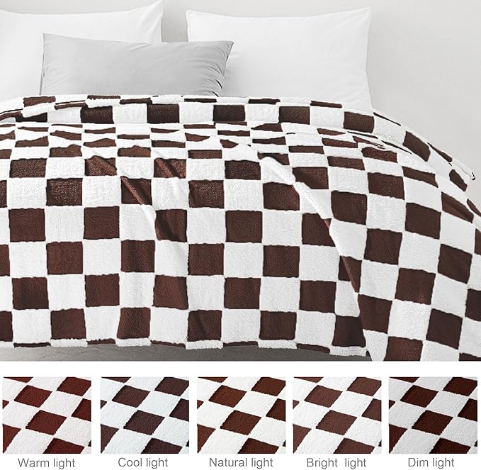 Exclusivo Mezcla Checkered Throw Blanket, Super Soft and Warm Fluffy Fleece Blanket for Couch, Sofa, Bed, Cute Plaid Pattern, Coffee, 50" x 60"