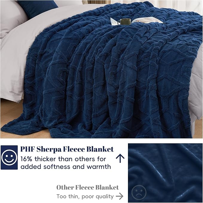 PHF Fluffy Sherpa Fleece Blanket Twin Size for Winter, Warm and Cozy, 510GSM 3D Tufted Shaggy Fleece Blanket for Sofa Bed, Navy Blue, 60"x80"
