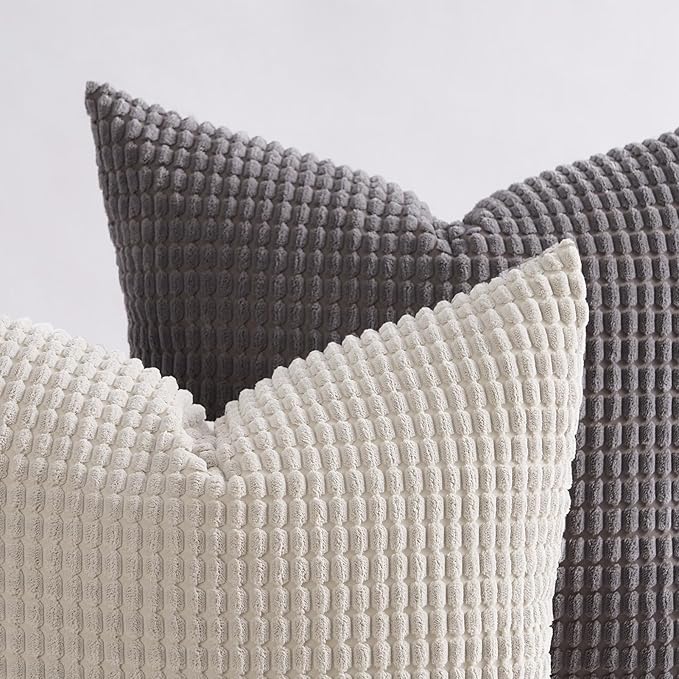 Topfinel Grey Couch Pillow Covers for Living Room 45x45 cm Set of 4,Mid Century Modern White Neutral Corduroy Corn Throw Pillows,Rustic Square Bench Chair Cushion(18 Inch/Grey) (Pack of 2)