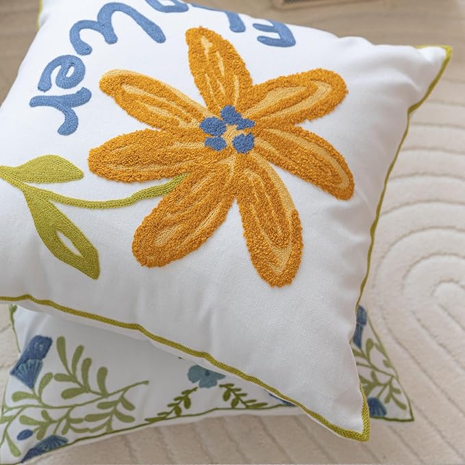YIcabinet Pillow Covers Set of 2, Embroidered Yellow Flower Pattern Throw Pillow Cover,Square Cotton Cushion,Pillow Case for Sofa Bedroom Couch,18"x18"