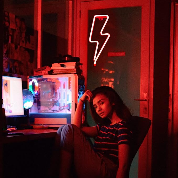 Neon Signs Lightning Bolt Neon Light Sign for Wall Decor, Battery or USB Powered Led Lightning Light Neon Sign for Bedroom, Kids Room, Birthday, Party, Wedding, Home, Kids Decorations Red