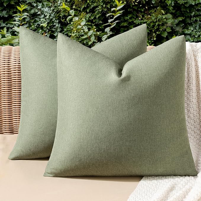 MIULEE Pack of 2 Decorative Outdoor Solid Waterproof Throw Pillow Covers Spring Faux Linen Garden Farmhouse Cushion Cases for Patio Tent Balcony Couch Sofa 16x16 Inch Gray Green