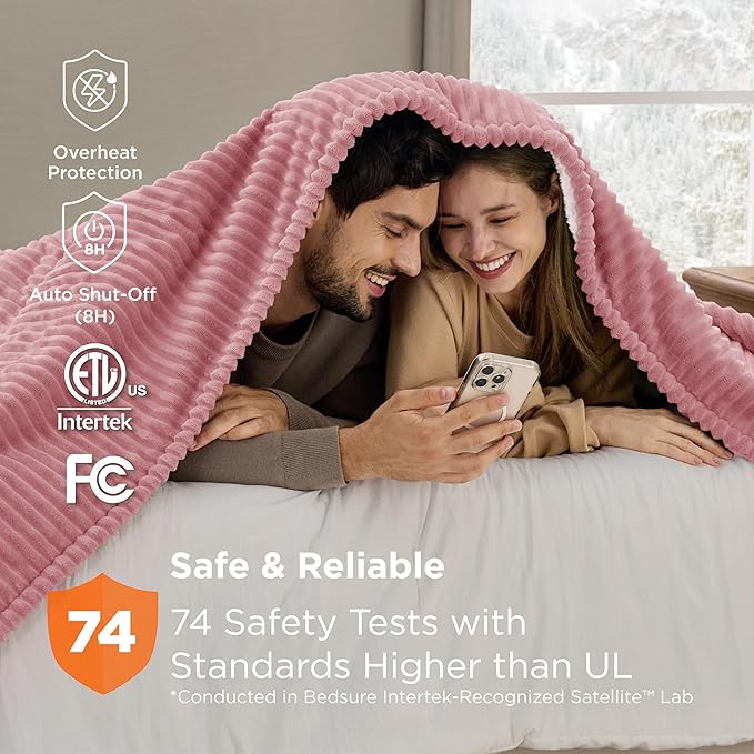 Bedsure GentleSoft Electric Blanket King Size - Soft Ribbed Flannel Heated Blanket with Dual Control, Heating with 10 Heat Settings, 10 Time Settings, 8 hrs Timer Auto Shut Off (90"x100", Pink)
