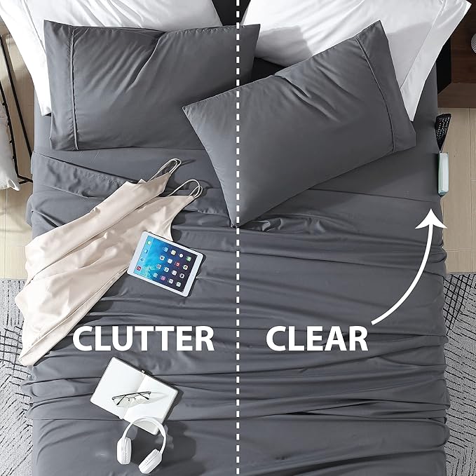 Swift Home Smart Sheets, Ultra Soft Brushed Microfiber 4-Piece Sheet Set, Fitted Bed Sheet with Side Storage Pockets – Grey, King
