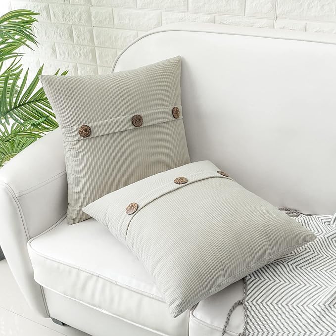 HWY 50 Light Grey Gray Chenille Throw Pillow Covers 16x16 Inch with Triple Buttons, Soft Farmhouse Accent Decorative Cushion Cases for Couch Sofa Bed Living Room Pack of 2
