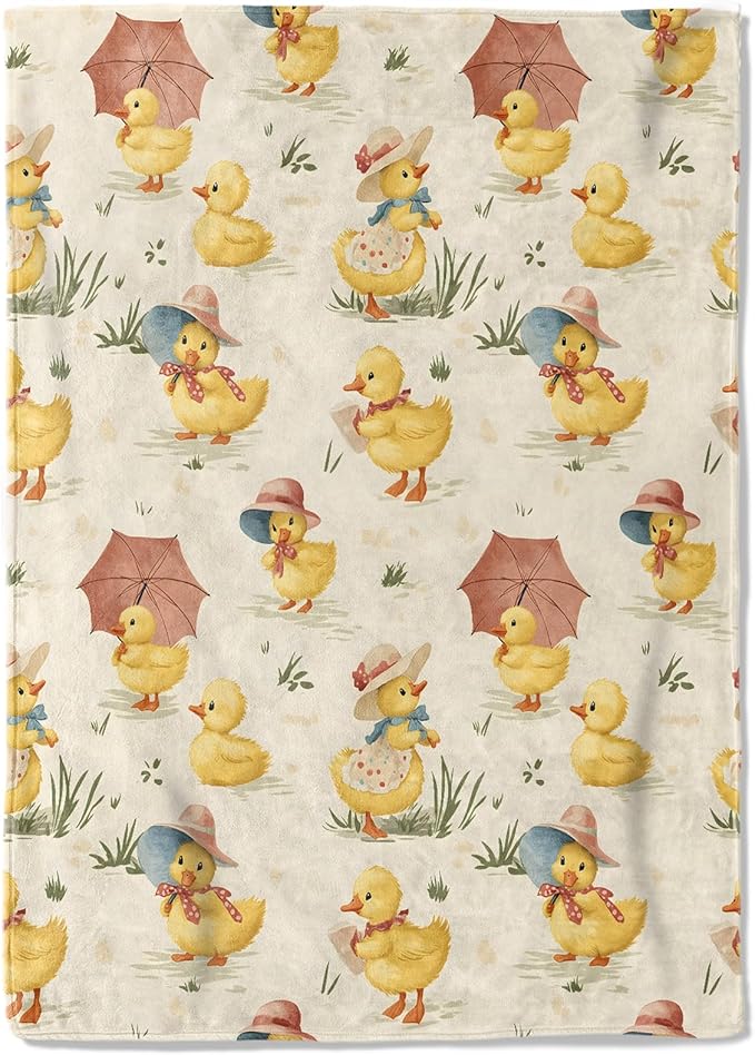 Cute Duck Fleece Blanket - 50x60in Adorable Duckling in Hat and Parasol Throw Blankets,Soft Cozy Lightweight, Ideal for Living Room Home Farmhouse Decor and Kids Women Girls Spring Gifts
