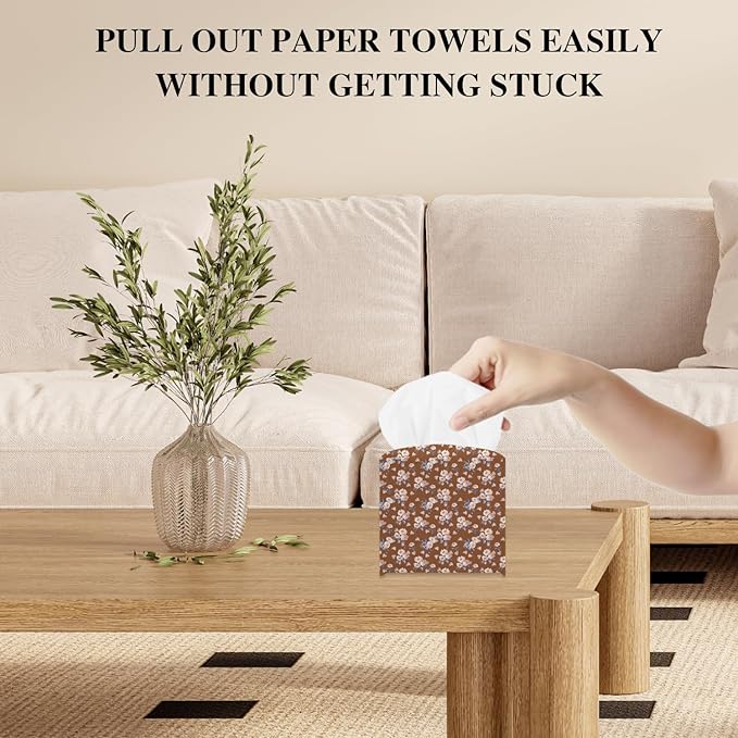 Vintage Flower Tissue Box Cover, Brown Tissue Holder Square with Bottom Belt for Home Bathroom Office Vanity Countertop, Housewarming Gifts Ideas for Women Friends Mom Bestie -10