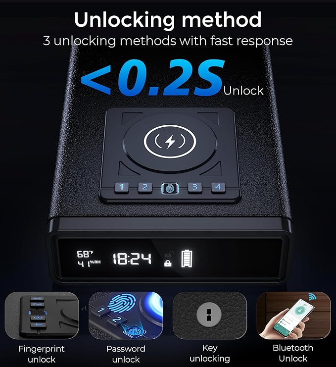 Smart Biometric Gun Safe with Wireless Charging, Bluetooth App Control, 4 Unlock Methods, Bedside Drawer Safe LED Display,Money Box for Valuables, Gifts for Men