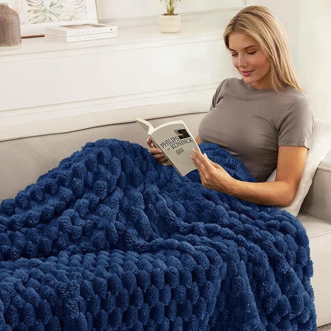 Whale Flotilla Queen Size Blanket for Bed with Jacquard Pattern, Fuzzy Soft Cozy Exquisite Blankets for All Season, Warm and Fluffy, 90x90 Inch, Navy Blue