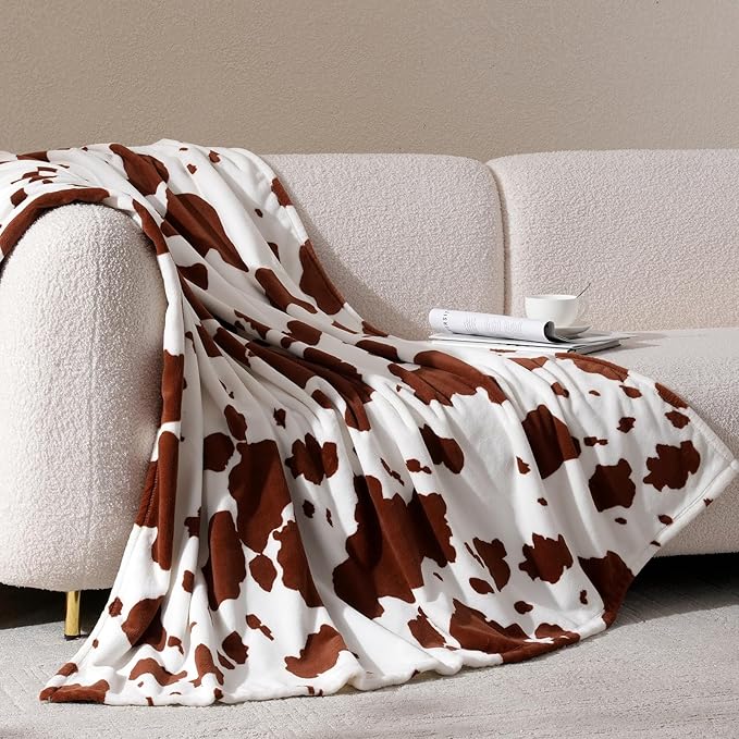 Cozy Bliss Cow Print Fuzzy Throw Blanket for Couch - Thick Soft Warm Non Shedding Fleece Blankets for Western Décor Room, for Kids, Women Men Girls, Brown 50"*60"