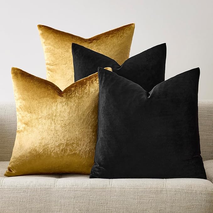 GIGIZAZA Pack of 4 Black Gold Pillow Covers,16x16 Velvet Throw Pillows Soft Covers Decorative Luxury Couch Square Pillow Covers Modern Living Room Cushion Covers