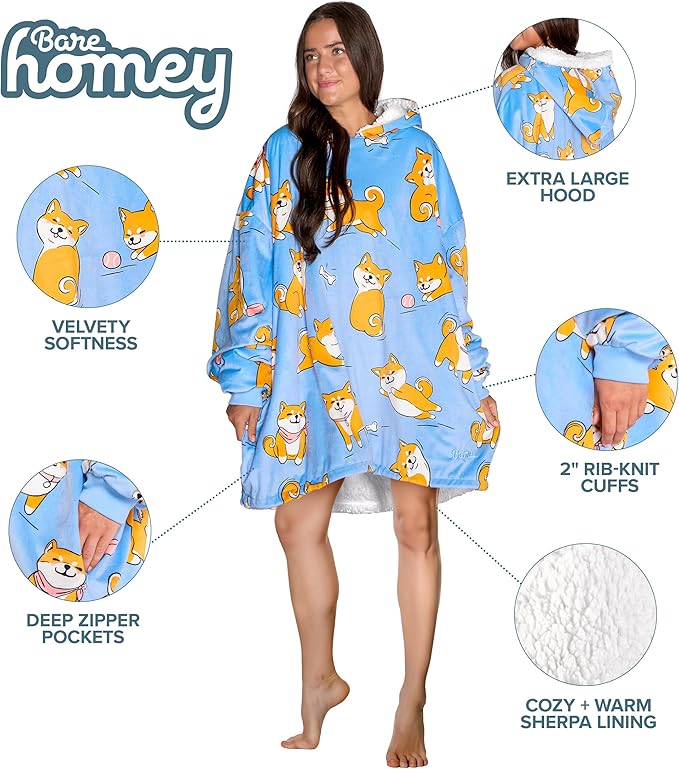 Bare Home Wearable Blanket Hoodie - Soft Plush Sherpa - Warm and Cozy - Oversized Wearable Blanket - Adult & Kid Sizes