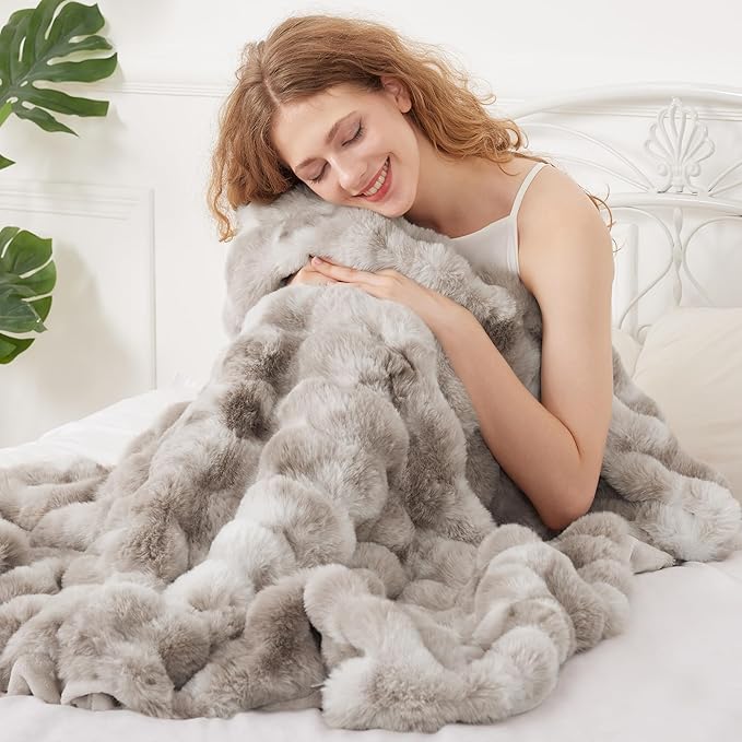 Comelady Faux Rabbit Fur Throw Blanket for Couch,Soft Fluffy Thick Bubble Blanket for Bed Sofa Room Decor-Lightweight Cozy Fuzzy Blanket Gifts for Women Men,Tie-dye Brown,50"×60"