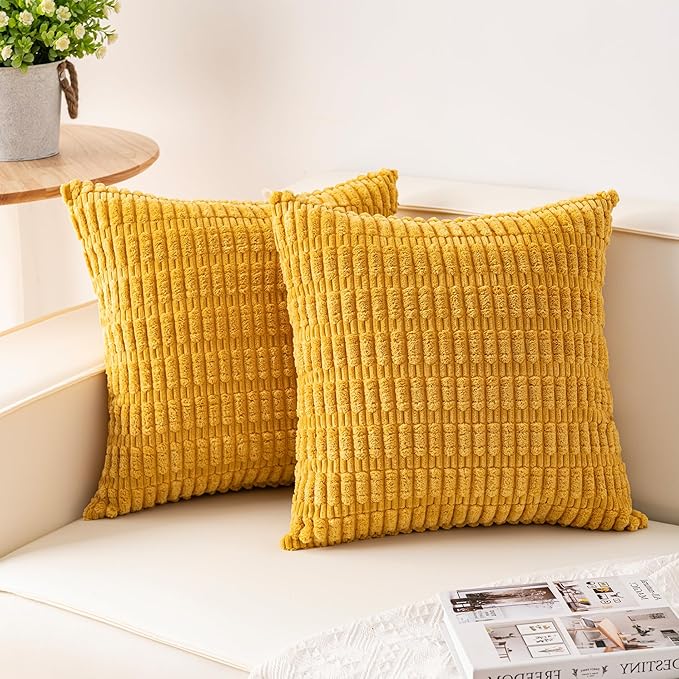 Aegero Pack of 2 Corduroy Decorative Throw Pillow Covers 16x16 Inch Soft Striped Pillow Covers Modern Farmhouse Home Decor for Sofa Living Room Couch Bed（Yellow）