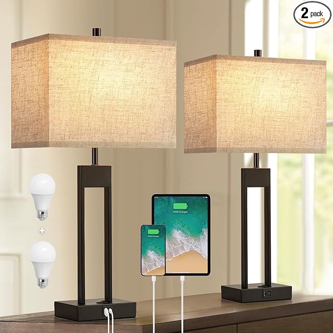 Extra Large 25.5" Nightstand Table Lamps for Bedrooms Set of 2, Bedside Lamp with USB C+A, Colors Changeable Living Room Lamps for End Tables, Modern Night Stand Lamps for Bed Side Office Reading