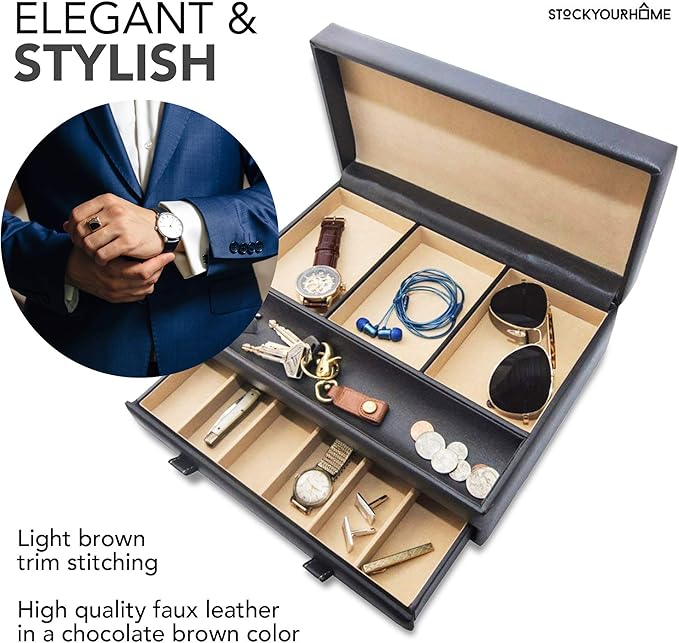 Stock Your Home Mens Valet Tray, Men's Jewelry Box, Night Stand Organizers and Storage, Bedside Table Organizer, Watch Box for Dresser, Faux Leather (Black & Beige)