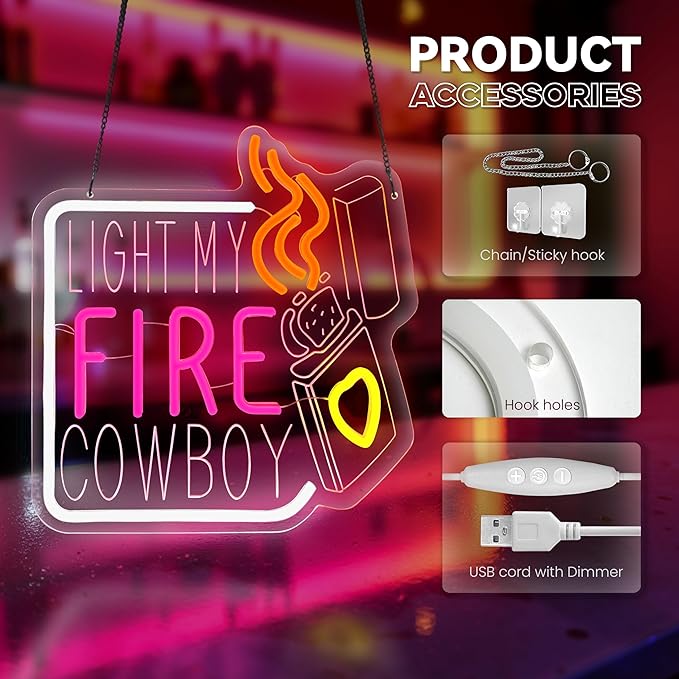 LIGHT MY FIRE COWBOY Neon Sign, Valentine's Day Neon Signs for Wall Decor, Dimmable Acrylic Neon Lights for Room Bedroom Hotel Bar Pub Club Party Decorations, Perfect Gifts