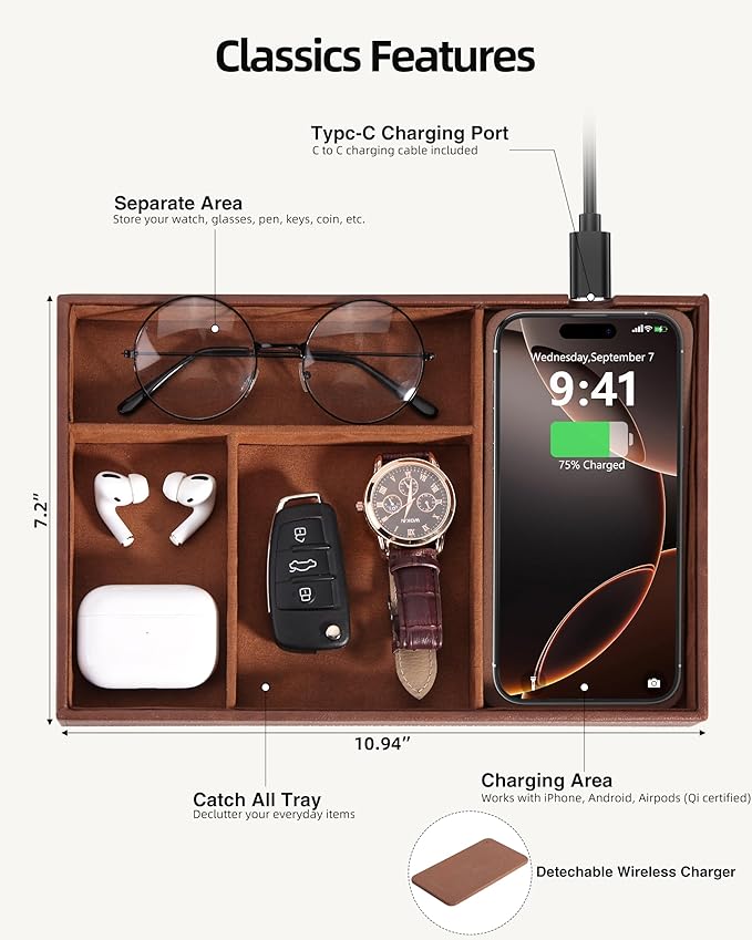 Valet Tray with Wireless Charger, Nightstand Organizer for Men, EDC Catchall Tray for Keys, Watch, Wallet, Jewellery, Premium Vegan Leather, Bedside Caddy, Stylish and Organized, Brown