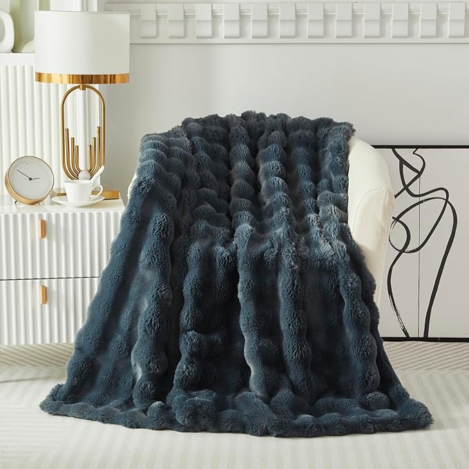 Faux Fur Throw Blanket for Couch Cozy Fuzzy Soft Plush Thick Fluffy Fleece Bubble Blanket for Sofa Bedroom Living Room, 51x63 Inches Dark Grey