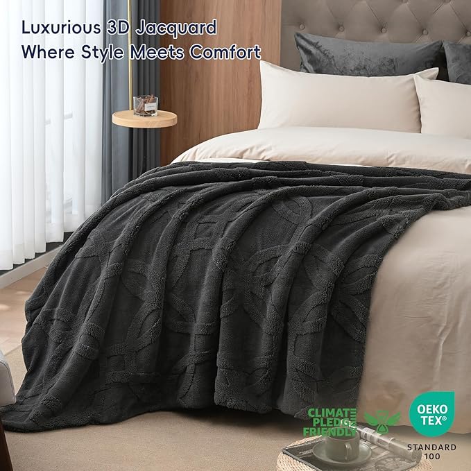 PHF Soft Sherpa Fleece Throw Blanket for Couch, 510GSM Fleece Lightweight Yet Warm Blanket, No Shed No Pilling, 50" x 60", Tufted Jacquard Cozy Thick Bed Throw for Home Decor Christmas, Dark Grey