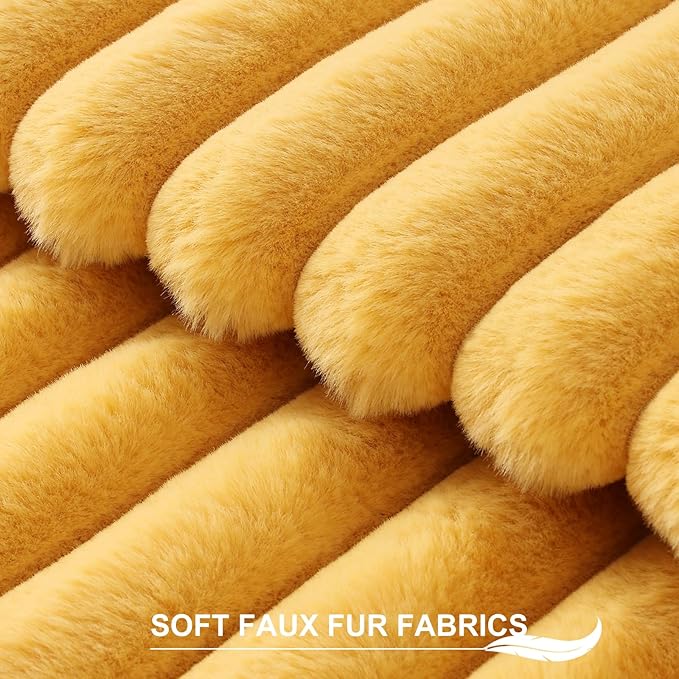 Pallene Faux Fur Plush Throw Pillow Covers 24x24 Set of 2, Luxury Soft Fluffy Striped Decorative Pillow Covers for Sofa, Couch, Living Room, Mustard Yellow