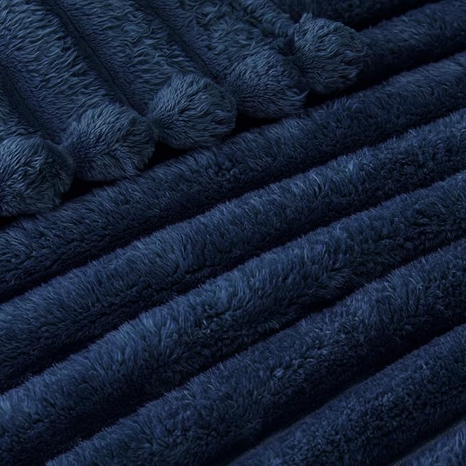 Exclusivo Mezcla King Size Flannel Fleece Blanket, Super Soft Striped Jacquard Bed Blanket, Lightweight Fuzzy Cozy for All Seasons, 90x104 Inches, Navy Blue