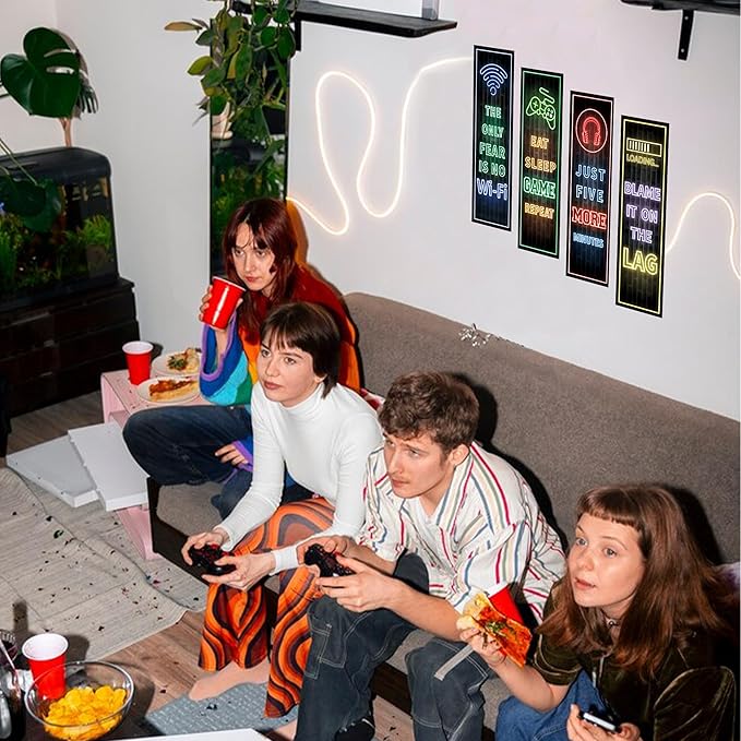 Eat Sleep Game Wall Decals Glow in The Dark, Gamer Controller Stickers Decor for Boy Bedroom, Joystick Video Gaming Kids Playroom Nursery Decoration (Blue)
