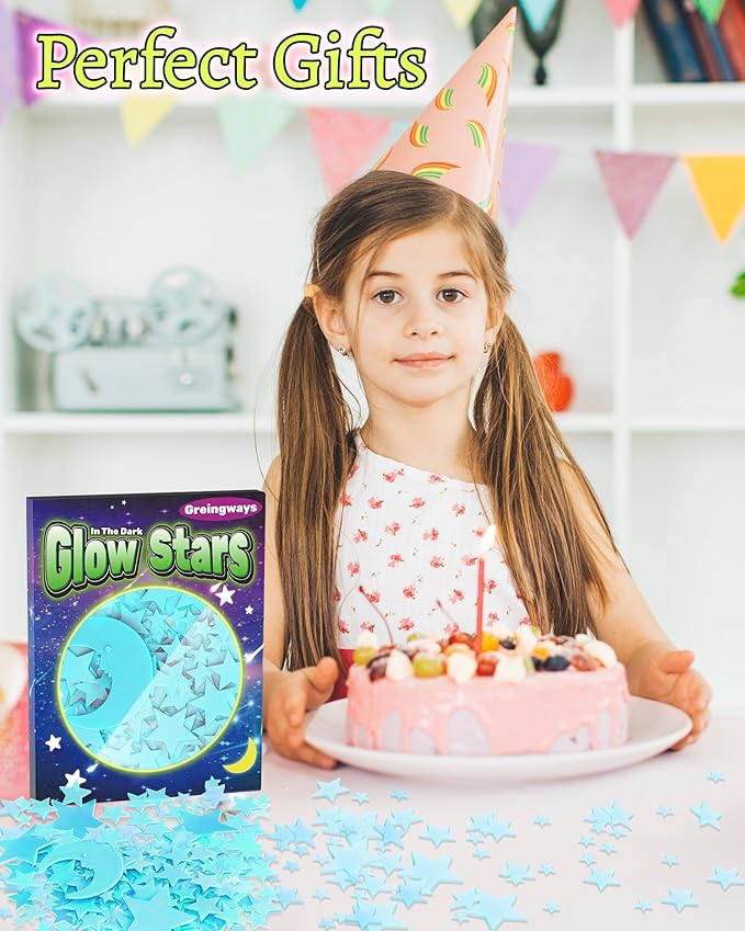 Greingways 201 Pcs Glow in The Dark Stars Stickers for Ceiling Bedroom, Stocking Stuffers for Kids Ages 3-5, 4-8, 8-12, Boys Girls Room Decor Wall Stickers Stocking Stuffers for Toddler-Blue
