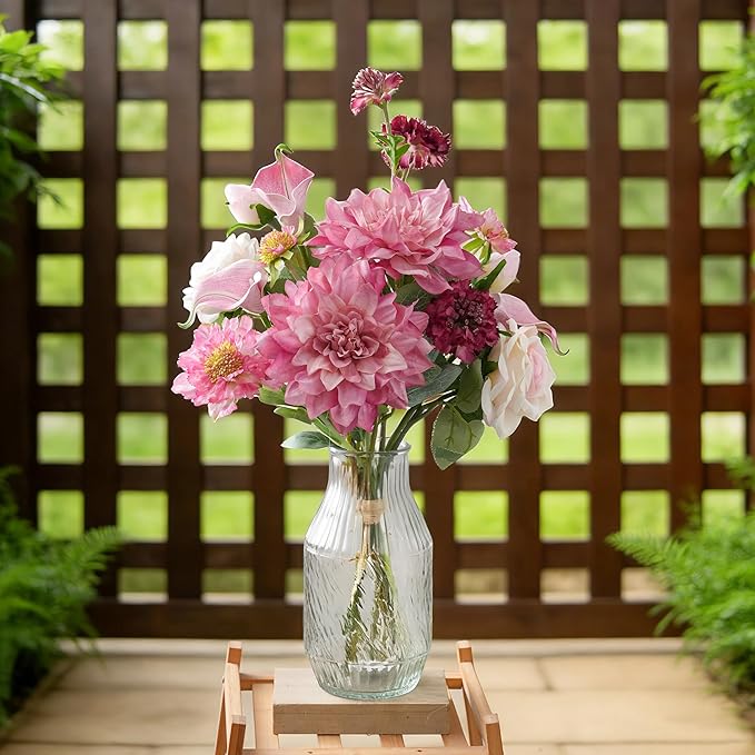 LUEUR Artificial Flowers in Vase Centerpiece – Pink Dahlia, Tulip & Rose Arrangement, Faux Floral Table Decorations for Coffee Table, Dining Room, Living Room & Farmhouse Home Decor