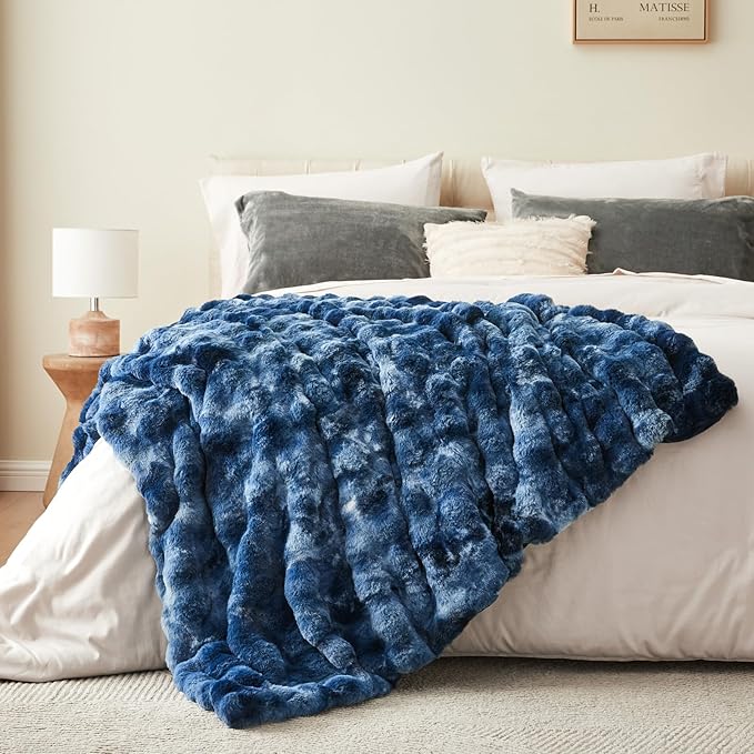BEDELITE Faux Fur Throw Blanket for Couch, Decorative Tie-Dye Blue Plush Bubble Blanket - Super Soft & Cozy Fluffy Faux Rabbit Fur Blanket for Women Gift, 50x60 Inches