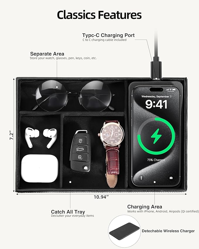 Valet Tray with Wireless Charger, Nightstand Organizer for Men, EDC Catchall Tray for Keys, Watch, Wallet, Jewellery, Premium Vegan Leather, Bedside Caddy, Stylish and Organized, PU Black