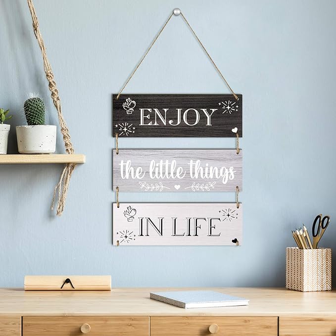 Jetec Enjoy The Little Things in Life Wall Decor,family Hanging Wood Sign Rustic Wooden Wall Decor Board Decorative Plank Hanging Sign for Living Room Bedroom Outdoor(Gray Series)