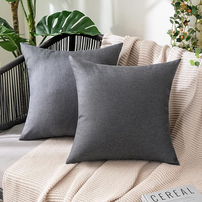 MIULEE Pack of 2 Decorative Outdoor Solid Waterproof Throw Pillow Covers Euro Sham Faux Linen Garden Farmhouse Cushion Cases for Patio Tent Balcony Couch Sofa 22x22 Inch Dark Grey