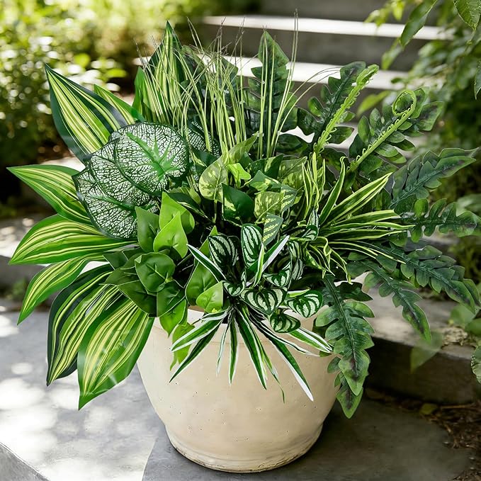 12 Bundles Large Outdoor Artificial Plants UV Resistant Fake Greenery Stems Faux Plastic Leaves Bushes for Front Porch Outside Patio Garden Yard Home Decor