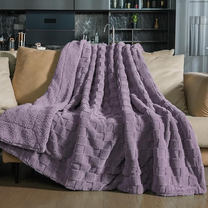 Pawque Super Soft Cozy Throw Blanket King Size for Couch Bed, Fluffy Sherpa Fleece Reversible Thick Warm Fuzzy Blanket for All-Season, 3D Checkered Jacquard Decorative Blankets, Purple, 108"x90"