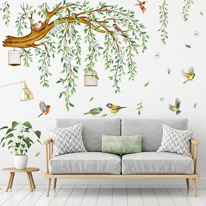 Large Green Tree Wall Decals, 4 Sheets Hanging Vine Tree Wall Decals Peel and Stick Waterproof Leaves Branch Wall Murals Decor for Living Room Bedroom (Green Vine, 11.8 * 35.4inch)
