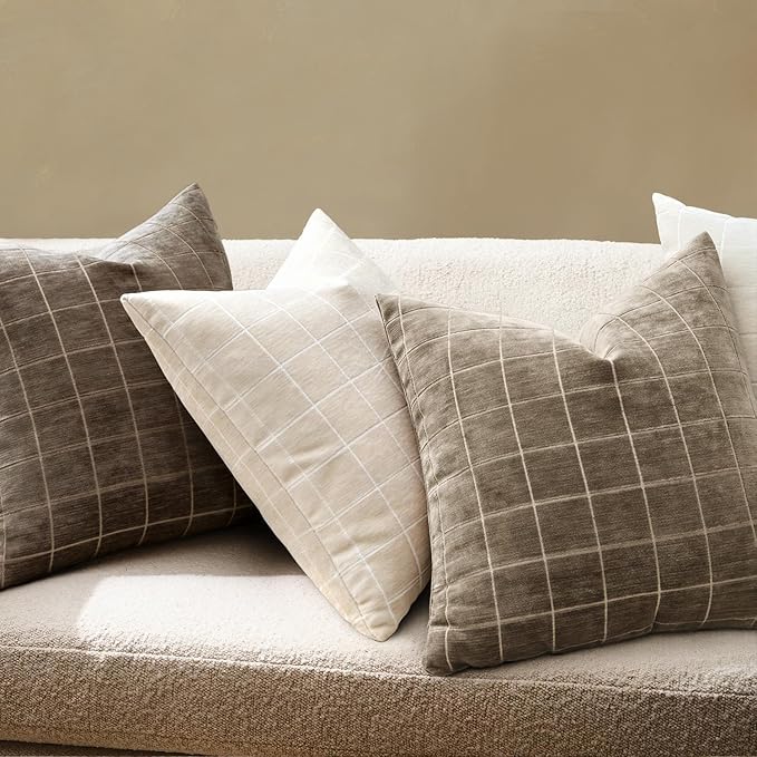 MIULEE Decorative Chenille Check Euro Shams Throw Pillow Covers Vintage Plaid Couch Pillows 26x26 Inch Set of 2 Neutral Boho Cushion Covers Modern Spring Decor for Sofa Bed Living Room Taupe Grey