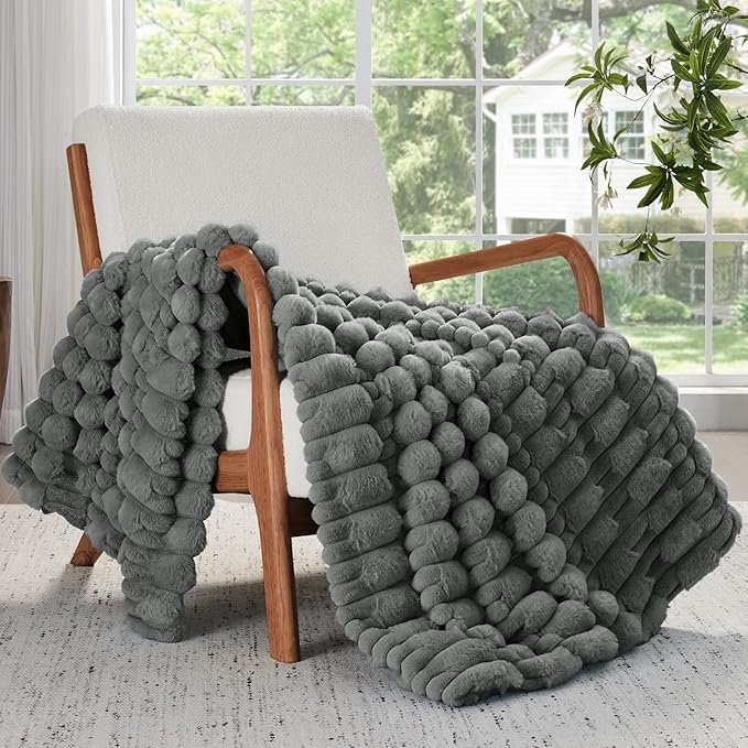 BEDELITE Faux Fur Grey Throw Blanket for Couch - Super Soft & Cozy Plush Striped Blanket for Sofa and Room Decor, Luxury Fluffy All-Season Blankets Gift for Women, Men, Mom, Dad, 50x60 inch, Grey
