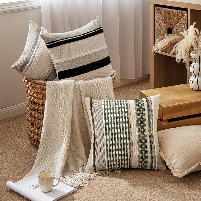 ANRODUO Pack of 2 Boho Decorative Throw Pillow Covers 18x18 Farmhouse Cushion Case Striped Chenille Pillow Cases Square Pillow Covers Accent Neutral Pillowcase for Sofa Couch Bed, Gray Stripe