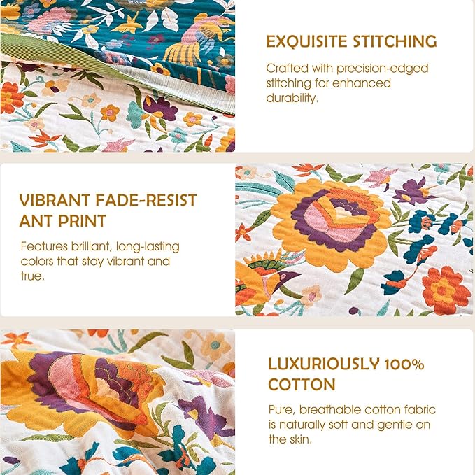 Boho Throw Blanket - 90"x108" 100% Cotton Ultra Soft Lightweight Blanket, 4-Layer Breathable Muslin Spring Blankets for Bed Couch, Reversible Green Floral Bird Printed Bohemian Cotton Quilt